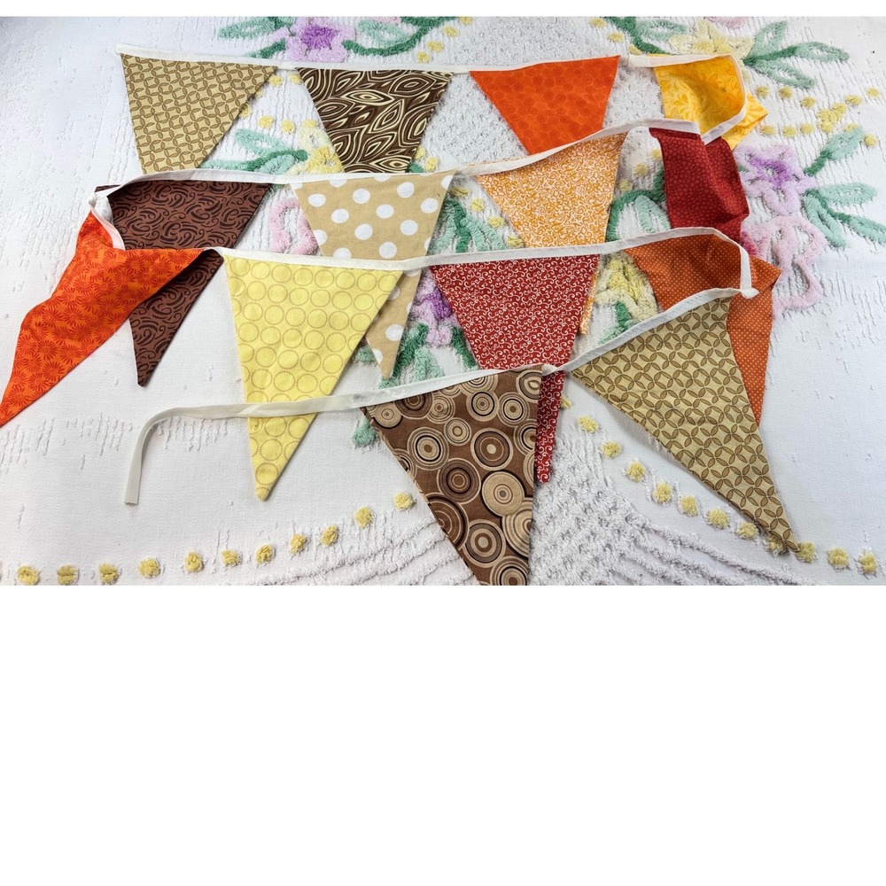 Handmade vtg Fabric Pennant Banner Bunting Fall Autumn Colors Polka Dot 82"